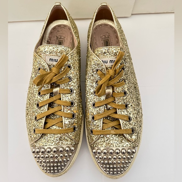 Miu Miu - Limited Edition Sparkly Gold Sneakers, Exclusive Release - Picture 1 of 5